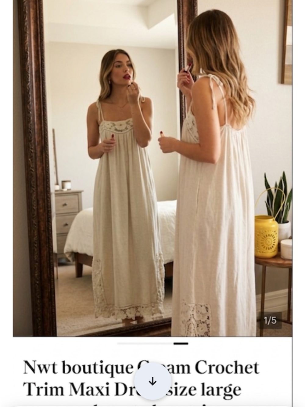 Nwt boutique Cream Crochet Trim Maxi Dress size large summer beauty lace trim